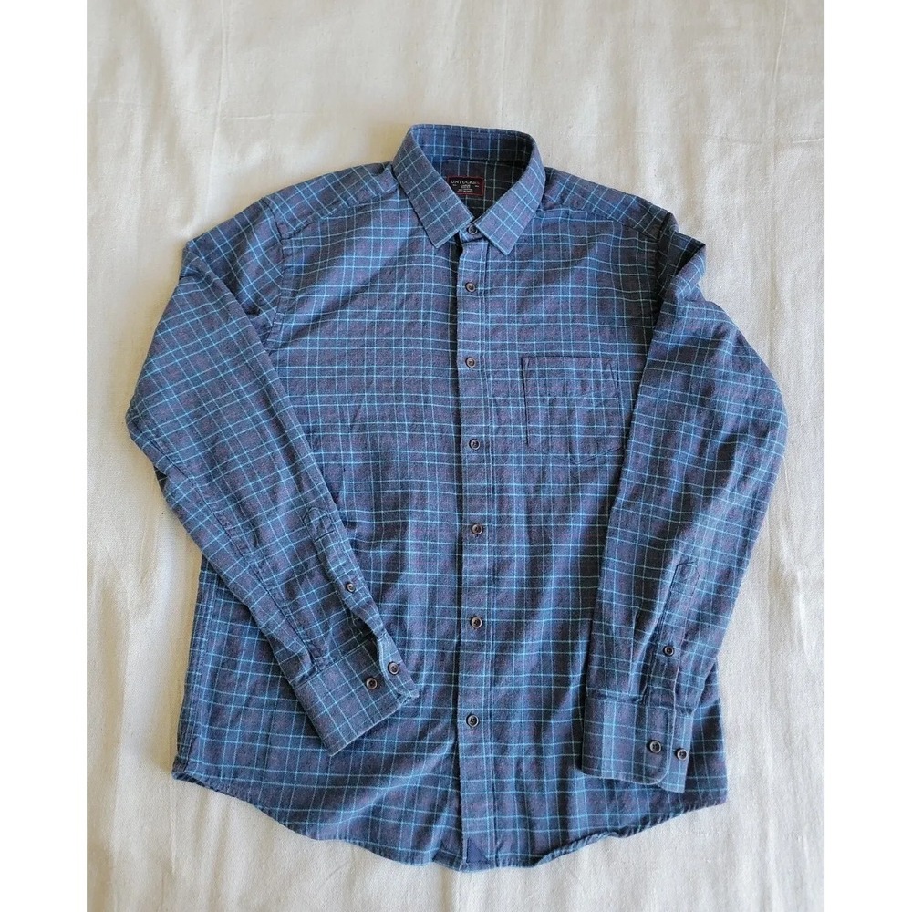 UNTUCKit Shirt Mens L Button Slim Blue Green Plaid Stretch Dad Flannel Preppy